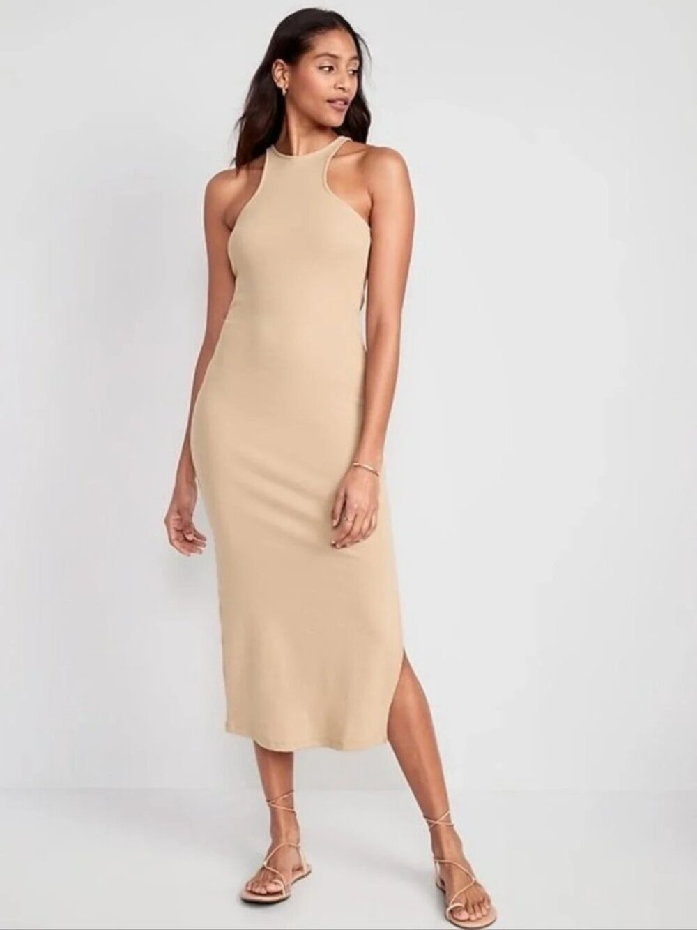 Old Navy Fitted High-Neck Rib-Knit Maxi Dress Dried Linen Beige XL Petite